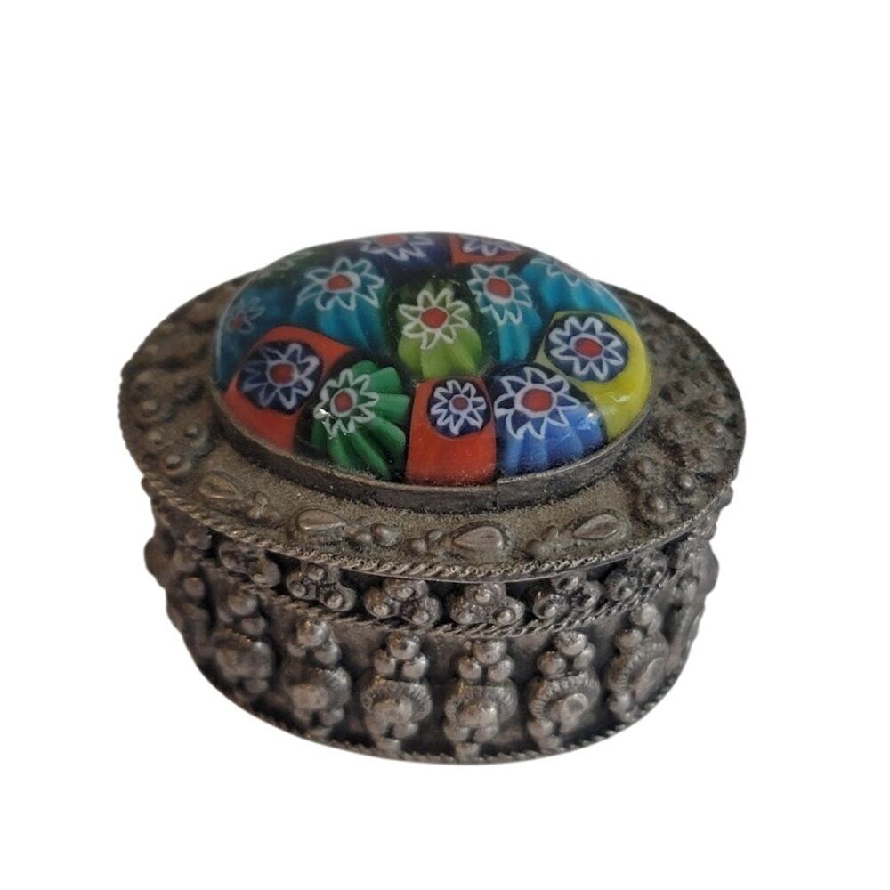 Vintage mini millefiori glass silverplate Lined metal trinket stash pill box 2"